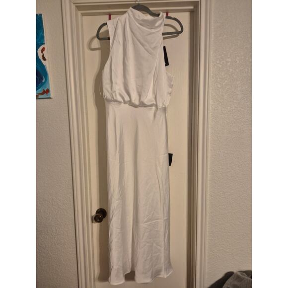 Distinctive Charm White Satin Asymmetricql Midi Dress - Picture 1 of 8